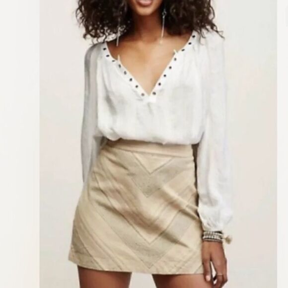 Free People Dresses & Skirts - Free People Skirt Womens Size 8 Yours Truly Tan Neutral Stripe Mini Linen Blend